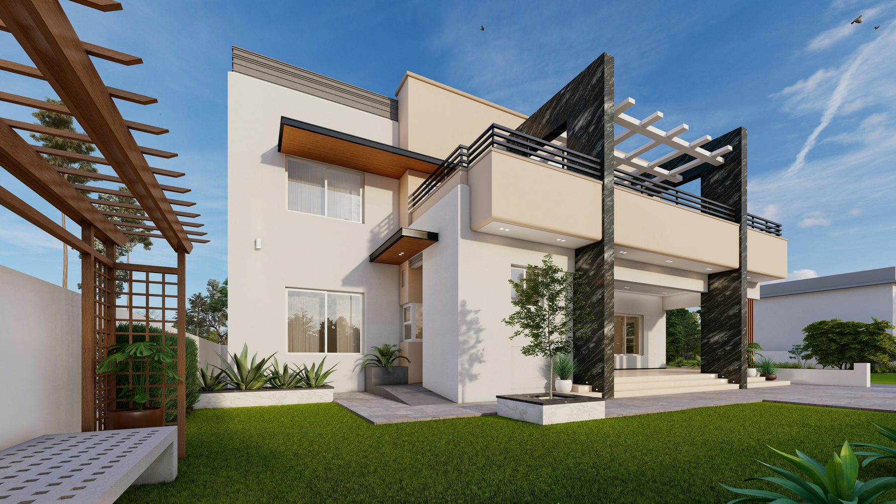Completed custom home exterior — modern stone and glass build, Lower Mainland